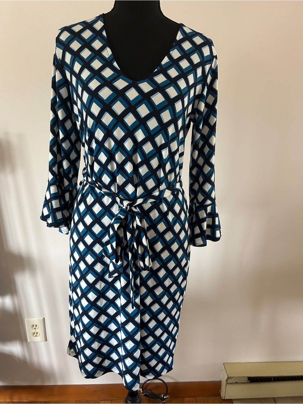 Banana Republic Navy and White Geometric Belted Dress
